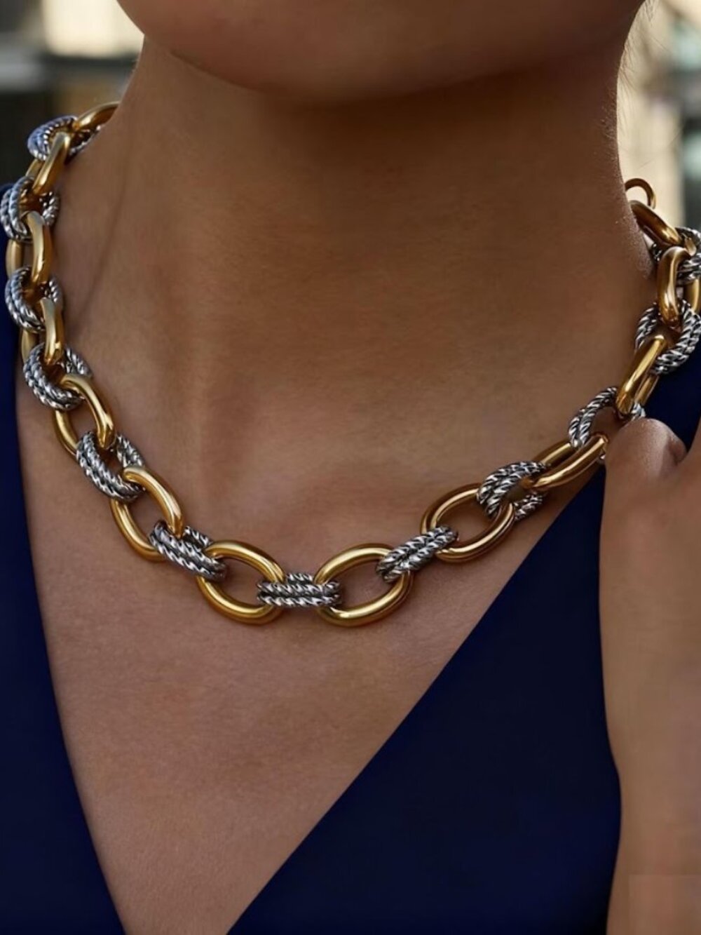 **Bold Two Tone Gold Silver Chunky Oval Link Chain Statement Necklace Modern Chi
